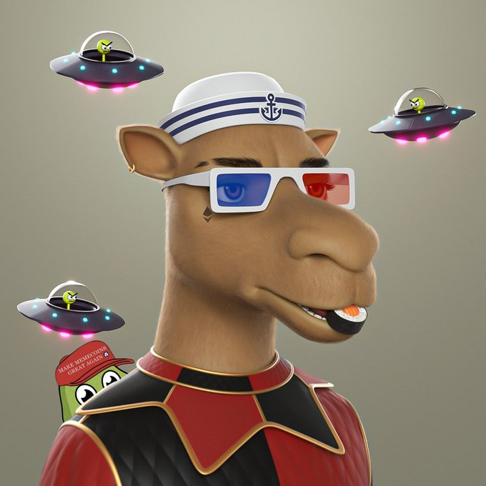 A 3D-rendered cartoon camel character wearing a sailor hat, 3D glasses, and a red uniform, surrounded by small UFOs with alien pilots, with a "Make Meerkovo's Great Again" patch visible.