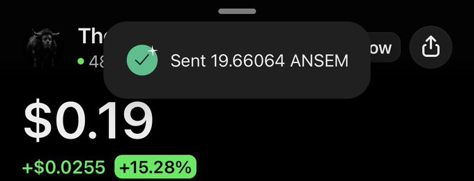 A notification pop-up confirms "Sent 19.66064 ANSEM" over a dark portfolio screen showing a $0.19 balance with a +15.28% gain, illustrating the crypto token distribution giveaway mentioned in the post.