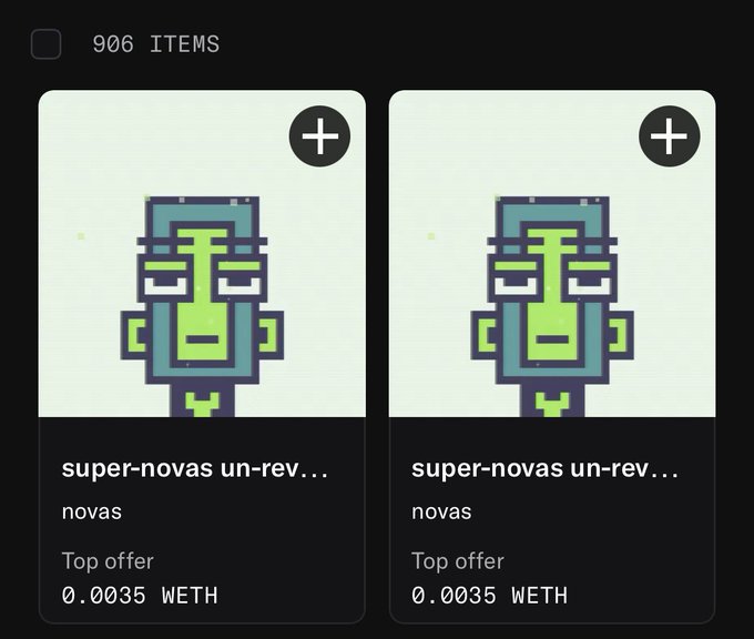A digital marketplace displays 906 items, featuring two identical pixel-art green and teal totem-like characters titled 'super-novas un-rev...' from the 'novas' collection with a top offer of 0.0035 WETH.