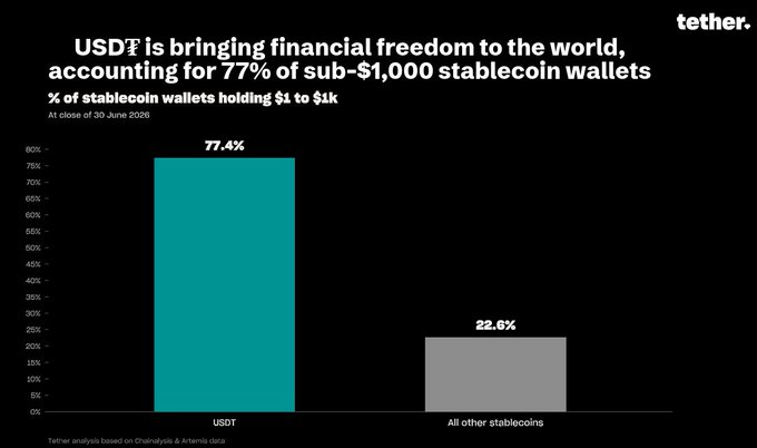 The image is a bar chart showing USDT's dominance in the sub-$1,000 stablecoin market, with 77.4% of these wallets holding USDT compared to 22.6% holding all other stablecoins combined, as of June 30, 2020 (per Tether's analysis of Chainalysis & Artemis data).

The chart visually reinforces the post's point about USDT being "THE Standard" by demonstrating its overwhelming adoption among everyday users holding modest amounts, suggesting that genuine transparency and real-world utility—not just size—are what crypto projects should be measured against going forward.