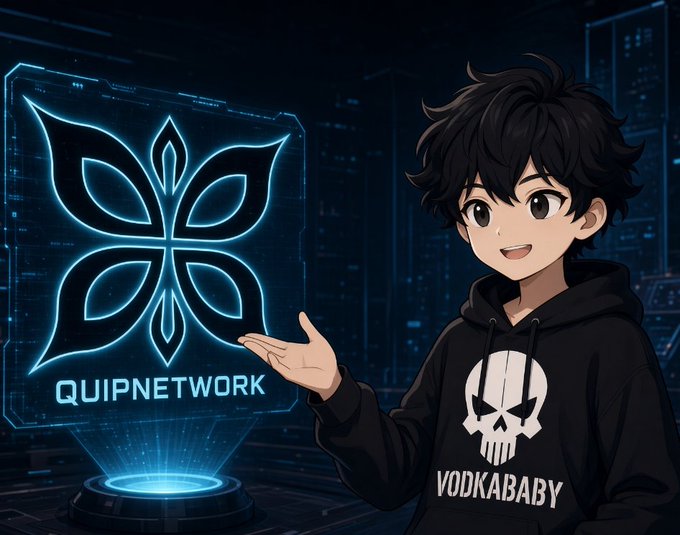 An anime-style illustration of a young boy with dark hair wearing a black hoodie with 'VODKABABY' text and skull logo, gesturing toward a holographic blue logo reading 'QUIPNETWORK' against a cityscape background.