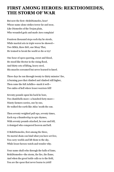 A poem titled "FIRST AMONG HEROES: REKTDIOMEDES, THE STORM OF WAR" featuring humorous references to MMA training, Hector, Achilles, and a parody of Diomedes from the Iliad.