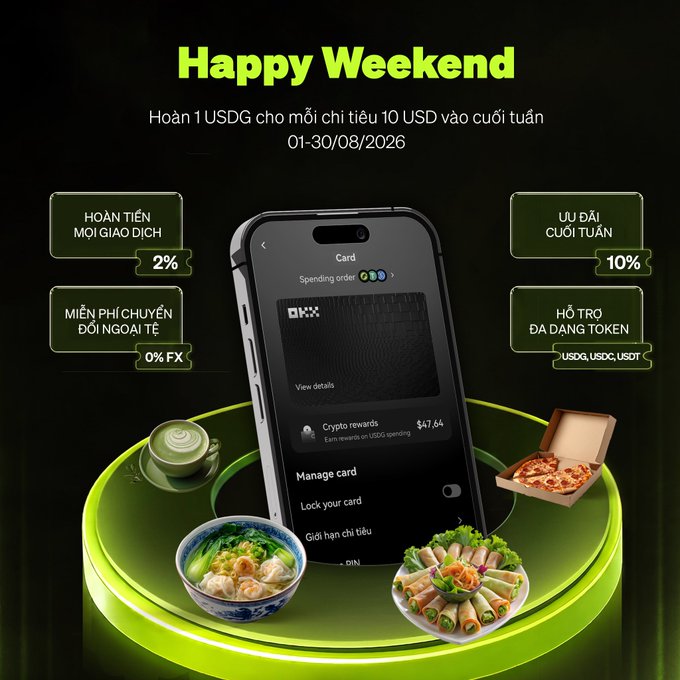 A promotional graphic titled 'Happy Weekend' in Vietnamese, advertising a cashback offer of 1 USDG for every $10 spent, featuring a smartphone with a card interface surrounded by food and drink imagery.