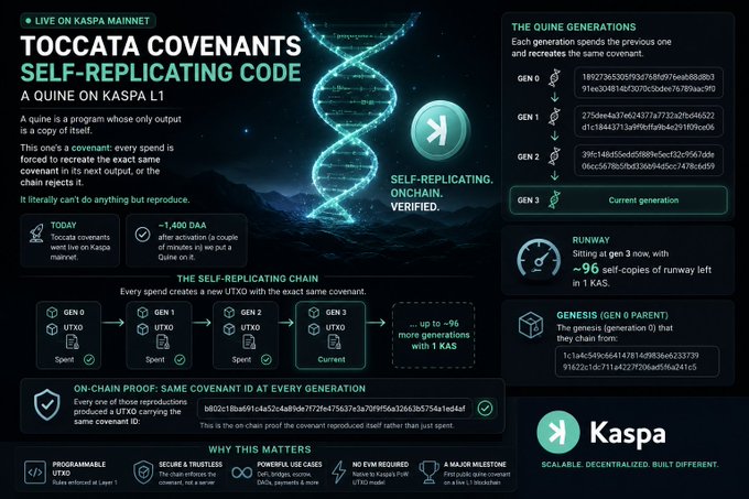 Informational graphic about 'TOCCATA COVENANTS - SELF-REPLICATING CODE' on Kaspa L1, detailing UTXO generations and on-chain proof verification.