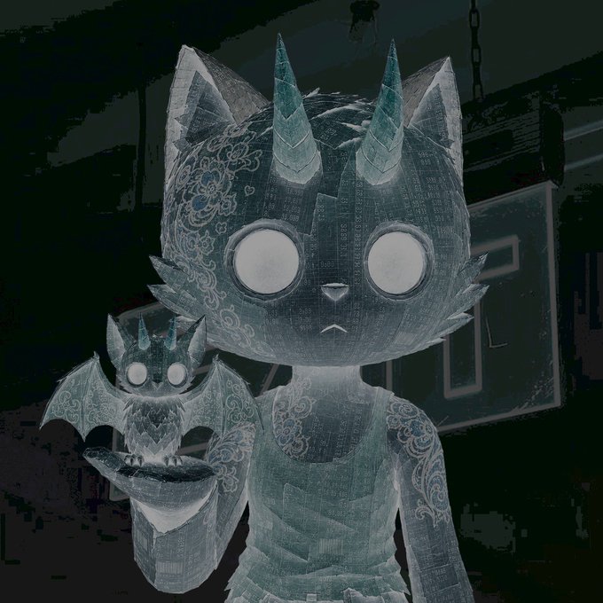 A haunting illustration features a dark, cat-like humanoid figure with large glowing white eyes and intricate lace-like patterns covering its body, accompanied by a smaller bat-winged cat companion. The eerie, gothic artwork visually aligns with the whimsical "brokeb00kies" NFT collection giveaway being promoted, evoking a mysterious, otherworldly aesthetic fitting for a Web3 collectible launch.