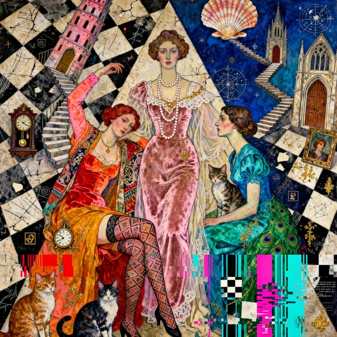 A surreal, mixed-media collage showing three elaborately dressed women against a checkered background, interspersed with imagery of towers, a scallop shell, a clock, cats, and glitching color bars.