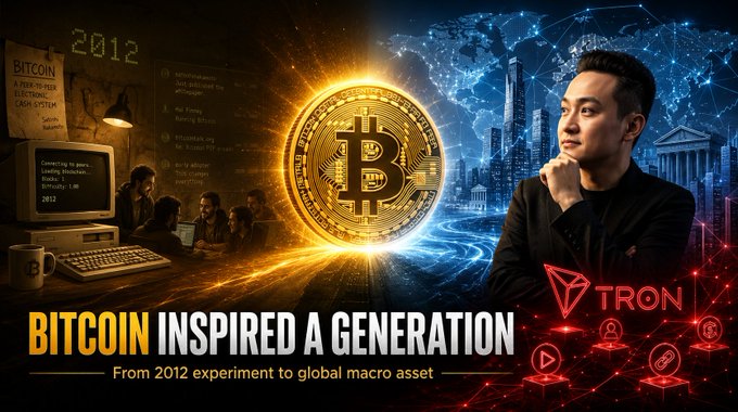 A promotional graphic titled 'BITCOIN INSPIRED A GENERATION - From 2012 experiment to global macro asset' featuring a glowing Bitcoin coin, an early Bitcoin poster, and a Tron-branded figure against a cityscape.