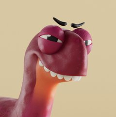 A cartoonish purple creature with half-lidded eyes and prominent white teeth smirks against a plain beige background.