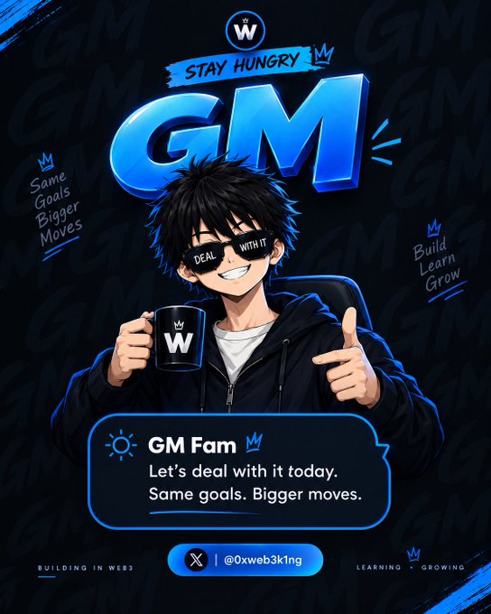 An anime-style digital poster with the text 'STAY HUNGRY', 'GM', 'Same Goals Bigger Moves', 'DEAL WITH IT', 'Build Learn Grow', and 'GM Fam - Let's deal with it today. Same goals. Bigger moves.' alongside a handle '@0xweb3k1ng' and 'BUILDING IN WEBS' / 'LEARNING - GROWING'.