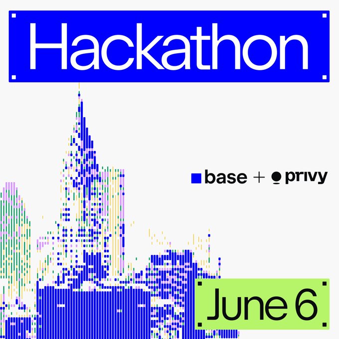 The image features a poster for an event called "Hackathon" that took place on June 6th, with a city skyline as its background. The text on the poster reads "Hackathon", followed by the names of two companies involved in the event - Base and Privvy. The date is also displayed at the bottom of the image.
