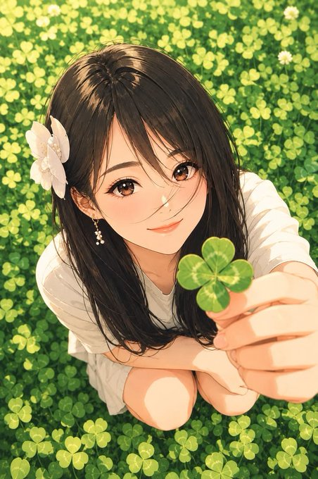 Anime-style illustration of a smiling girl with long dark hair and a white flower hair accessory, holding out a four-leaf clover amid a field of clovers.