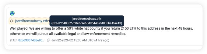 The image shows a screenshot of an email conversation related to a cyber attack involving a website called EtherclipsAE13. The email contains details about the attack, stating that the hacker lost more than $15 million and offers a reward of 300 WU in exchange for recovering the funds. However, if the hacker decides not to pursue legal action, they will receive half of the reward provided. Both parties involved are urging each other to proceed with caution. The email also includes a contact name and address for further discussion or collaboration on resolving this issue.