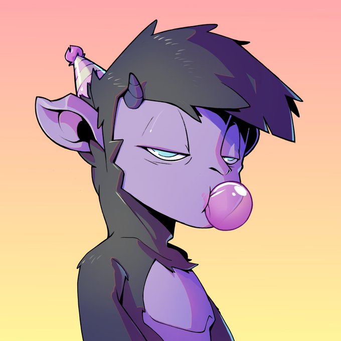 An anime-style illustration of a purple demon/goblin character with horns, pointed ears, and a party hat, blowing a pink bubblegum bubble against a gradient orange-pink background.