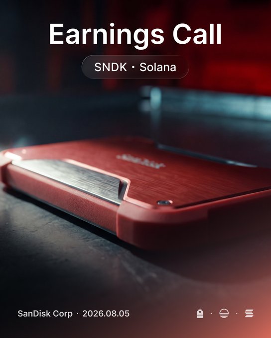 A red SanDisk device is displayed on a dark surface, overlaid with text reading "Earnings Call," "SNDK · Solana," and "SanDisk Corp · 2026.08.05," visually promoting the company's strong earnings results and its 24/7 availability for trading on Solana via Sunrise.