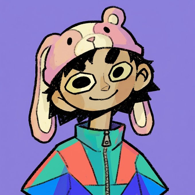 A cartoon illustration of a smiling character with dark hair wearing a colorful geometric jacket and a pink bunny-eared hat on a purple background.
