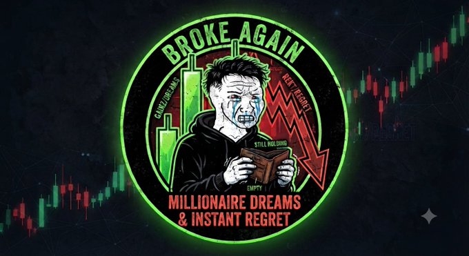 A circular neon graphic reading 'BROKE AGAIN' featuring a crying man holding an empty book, with the text 'MILLIONAIRE DREAMS & INSTANT REGRET' against a candlestick chart background.