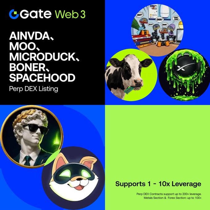 Gate Web3's Perp DEX listing announcement for five meme tokens (AINVDA, MOO, MICRODUCK, BONER, SPACEHOOD) against USDT trading pairs, supporting 1–10x leverage, featuring colorful cartoon imagery of a cow, a classical statue with sunglasses, and a green-glowing XPR orb.