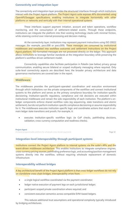 The image shows a page of text with yellow highlights, which are likely explanations or instructions related to the content displayed. The text appears to be about integrating APIs into Agora, specifically focusing on the use of $QNT standardization & involvement ISO20022 message relating (QuantNet) APIs to connect to Agora (SATP) No bridges needed for cross ledger (SATP) Event driven middleware.