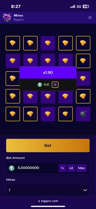 A mobile screenshot of the "Biggez" Mines gambling game showing a 5x5 grid with gems and a bomb, displaying a 1.90x multiplier, a bet of 5.000000000 T (tether), and 1 mine selected.