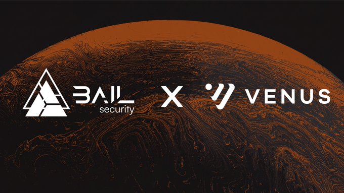 A promotional graphic showing logos for 'BAIL security' and 'VENUS' separated by an 'X', set against an image of a reddish planet.