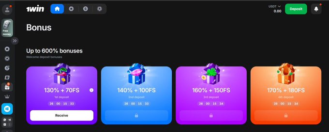 A screenshot of the 1win website displaying a 'Bonus' page with offers up to 600%, showing deposit tiers: 130% + 70FS, 140% + 100FS, 160% + 150FS, and 170% + 180FS.