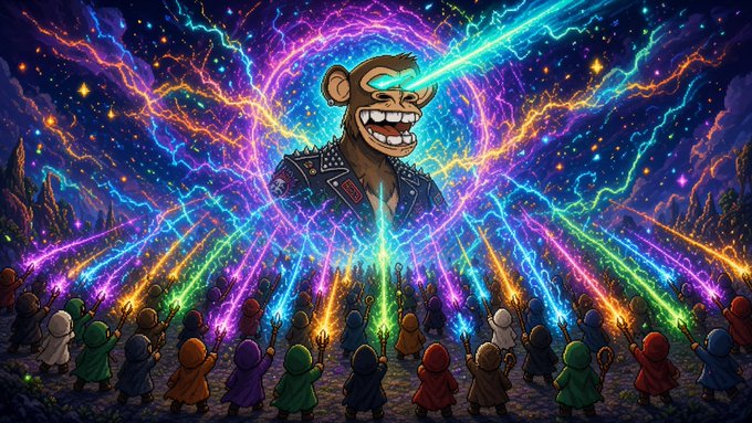 An AI-generated illustration of a punk monkey with laser eyes shooting colorful beams of energy at a crowd of hooded figures holding weapons in a cosmic setting.