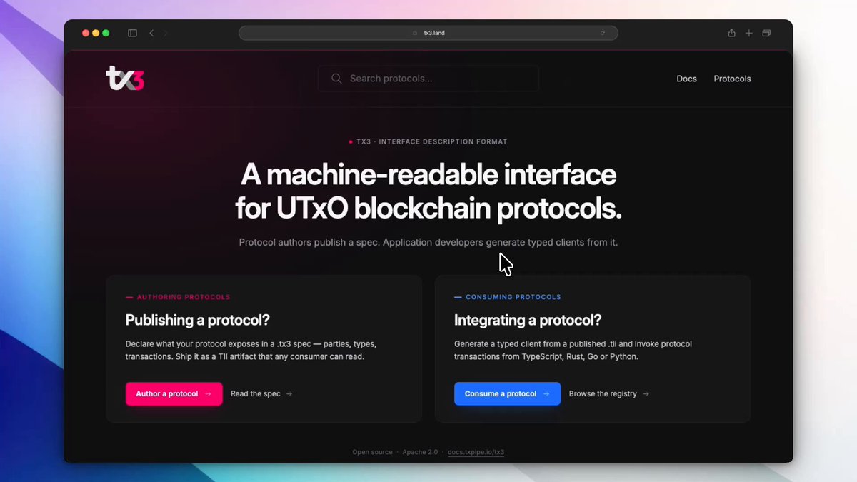 The image shows a computer screen displaying a website called "Tx3", which appears to be a platform for creating and managing smart contracts. The website has a black background with white text, providing information about the platform's features and services. The main focus of the image is on the Tx3 logo located in the top left corner.