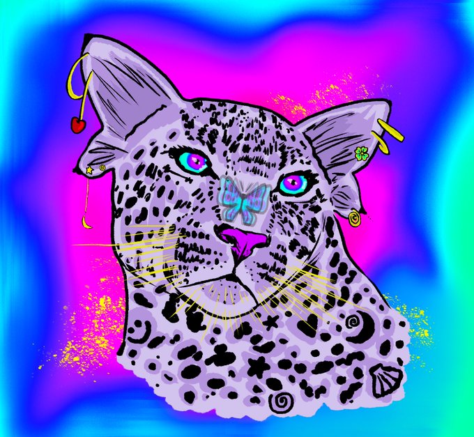 A psychedelic digital illustration of a purple spotted leopard with bright teal eyes, a butterfly on its nose, and floating jewelry charms against a swirling magenta and cyan background.