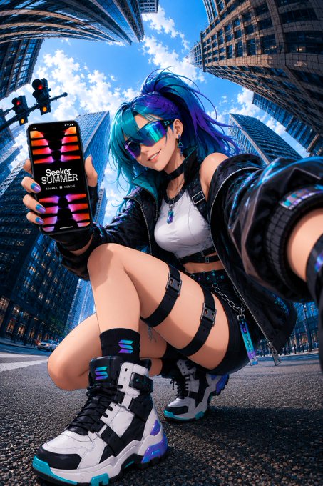 A blue-haired woman in futuristic cyberpunk attire crouches on a city street, holding up a smartphone displaying "Seeker SUMMER" with vibrant stacked bars, visually reinforcing the post's claim that Seeker is the cheat code.