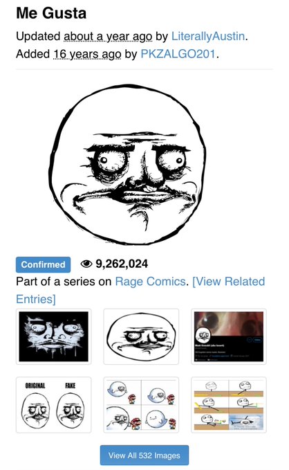 This image displays the "Me Gusta" meme, a classic "Rage Comic" with over 9 million views, highlighting it as an "OG meme" in contrast to current trends.
