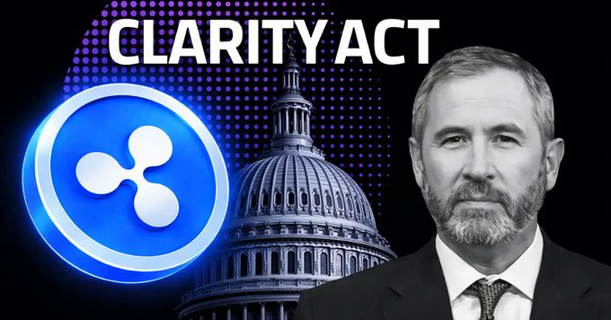 The image features a composite graphic with the text "CLARITY ACT" displayed at the top, the XRP cryptocurrency logo on the left, the U.S. Capitol dome in the center, and a man in a suit on the right—all set against a dark background, visually supporting the post's urgency around the upcoming Senate vote and XRP's potential commodity status designation.