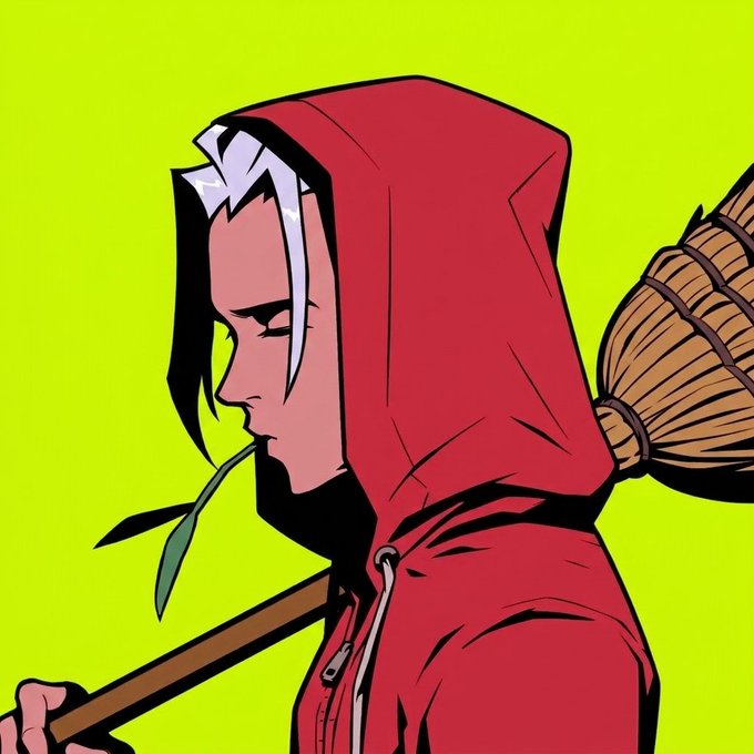 A hooded figure with a white streak in their hair, wearing a red cloak and carrying a broom, holds a green leaf in their mouth against a bright lime-green background—evoking a wizard or witch-like character that complements the giveaway's playful, fantastical tone.