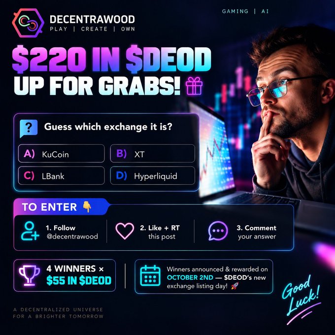 A promotional graphic for "DECENTRAWOOD" offering "$220 IN $DEOD UP FOR GRABS!" with instructions to follow, like, and comment to enter a giveaway on October 2nd.