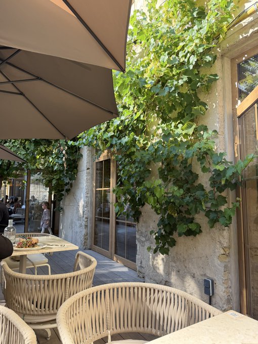 An outdoor patio scene at a restaurant or cafe, featuring wicker chairs, tables, tan umbrellas, and a stone wall covered in lush green vines.