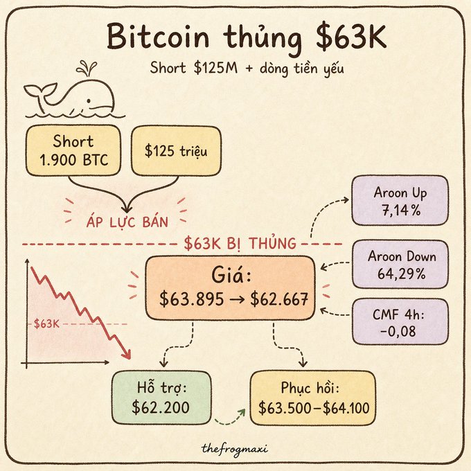 A Vietnamese infographic titled 'Bitcoin thủng $63K' (Bitcoin breaks $63K) showing short positions of 1,900 BTC worth $125M, with price dropping from $63,895 to $62,667 and technical indicators including Aroon Up at 7.14% and Aroon Down at 64.29%, credited to 'thefrogmaxi'.