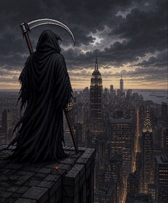 A cloaked Grim Reaper figure stands on a rooftop overlooking a sprawling city skyline at dusk, holding a scythe beneath a dramatic, cloud-filled sky. The dark, ominous imagery reinforces the "REAPER" memecoin theme in the post, evoking a sense of power and inevitability tied to the token's branding.