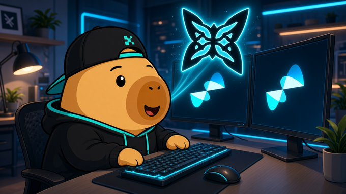 A cartoon mascot character wearing a cap and hoodie sits at a gaming setup with two monitors displaying logos, accompanied by a glowing butterfly icon.