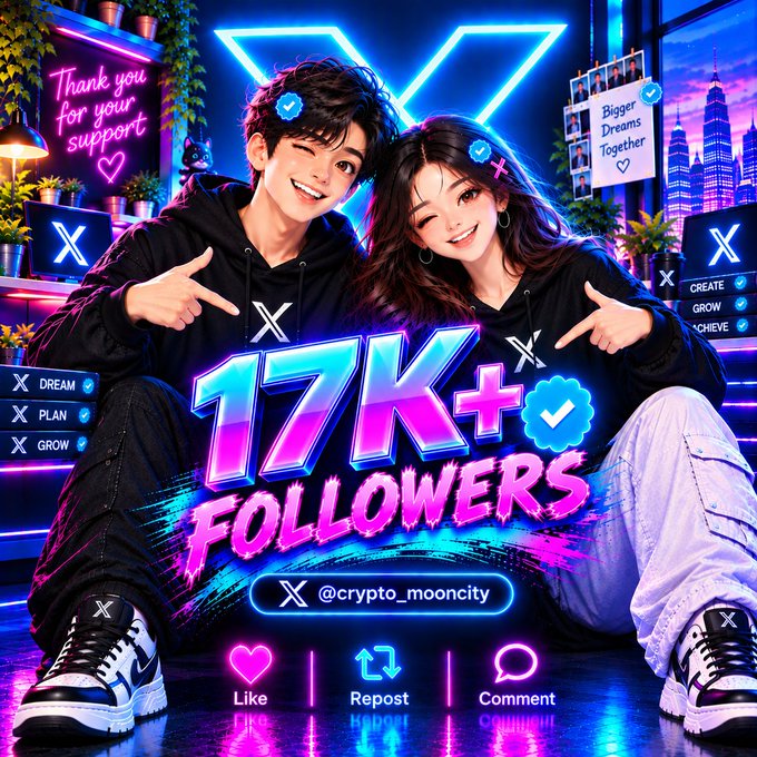 The image is a vibrant, neon-styled promotional graphic celebrating a social media milestone of "17K+ Followers," featuring two smiling anime-style characters in matching X-branded hoodies posing together in front of a futuristic cityscape with glowing "X" logos, "Thank you for your support" and "Bigger Dreams Together" neon signs. The post invites users to type "Join" to grow their own following, with the image directly reinforcing the message by showcasing the achievement the creator is offering to help others reach.