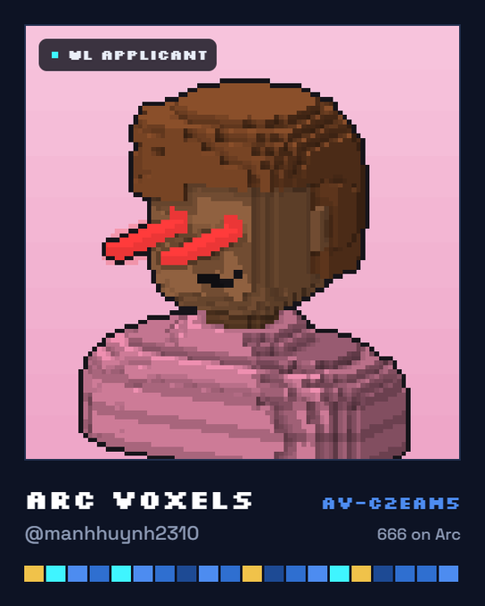 Pixel art NFT titled "ARC VOXELS" featuring a brown-skinned character with red laser eyes and a pink striped shirt; credited to @manhhuynh2310 with 666 on Arc.