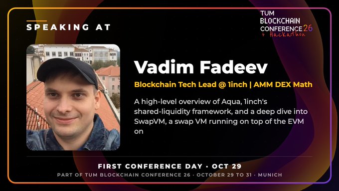A conference announcement graphic for 'TUM Blockchain Conference 26' at Blockchain.News in Munich, featuring speaker Vadim Fadeev (Blockchain Tech Lead @ 1inch | AMM DEX Math) with his photo and a description of his talk about Aqua and SwapVM.