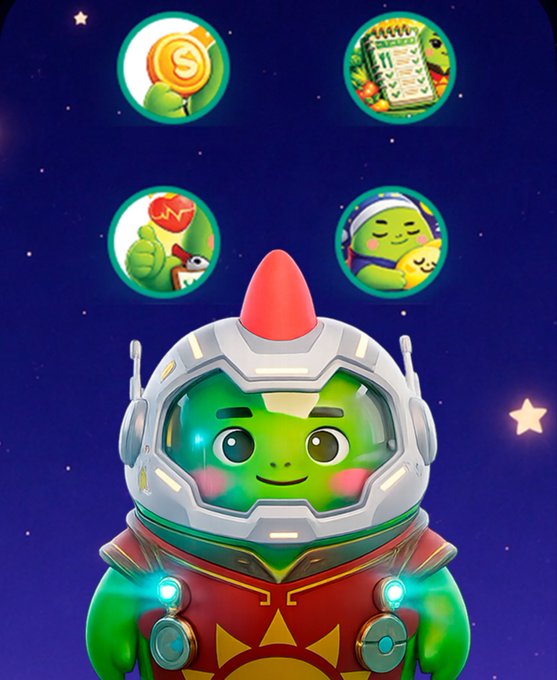 A cartoon-style illustration of a green alien or robot character in a space helmet and red outfit, surrounded by four circular icons featuring a coin, a checklist, a heart rate monitor, and a sleeping character.