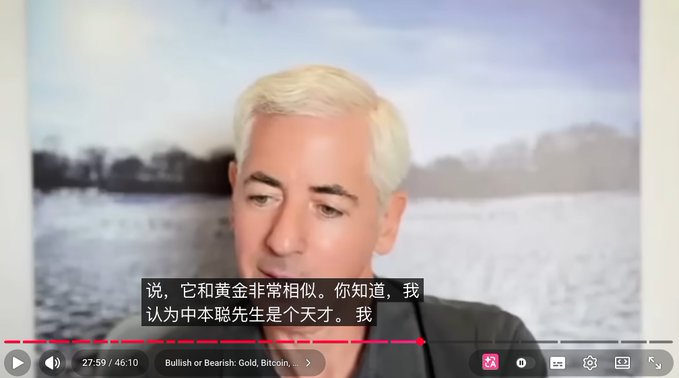 YouTube video screenshot showing a blonde-haired man being interviewed, with Chinese subtitles and video title 'Bullish or Bearish: Gold, Bitcoin' at 27:59 of 46:10.