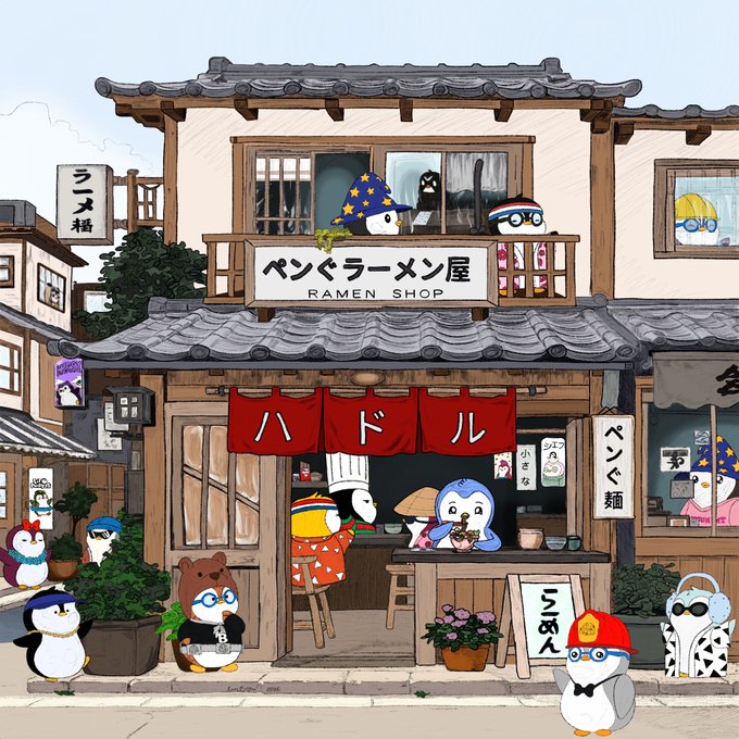 A charming illustration depicts a traditional Japanese ramen shop ("ベングラーメン屋 / RAMEN SHOP" with "ハドル" curtains) bustling with various Pudgy Penguins characters, including ones wearing wizard hats, a sombrero, chef attire, and a fireman's helmet, gathered around the storefront and on the balcony. This community art piece celebrates the Pudgy Penguins ($PENGU) NFT collection by incorporating many of the cute penguin avatars found across X (Twitter) into a single whimsical scene.
