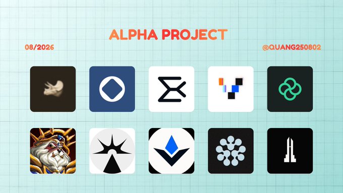 'ALPHA PROJECT' graphic dated 08/2026 with 10 cryptocurrency project logos arranged in two rows on a grid background.