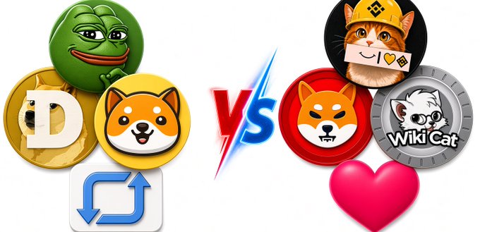 The image depicts a "VS" battle between two cryptocurrency token collections: Team Pepe/Doge/BabyDoge on the left (featuring a Pepe frog, Dogecoin, and Shiba Inu icons) versus Team WikiCat/SHIB/BNBCAT on the right (showing Wiki Cat, Shiba Inu, and a cat in a mining helmet with a heart), illustrating the social media poll prompting users to choose their favorite meme coin team.