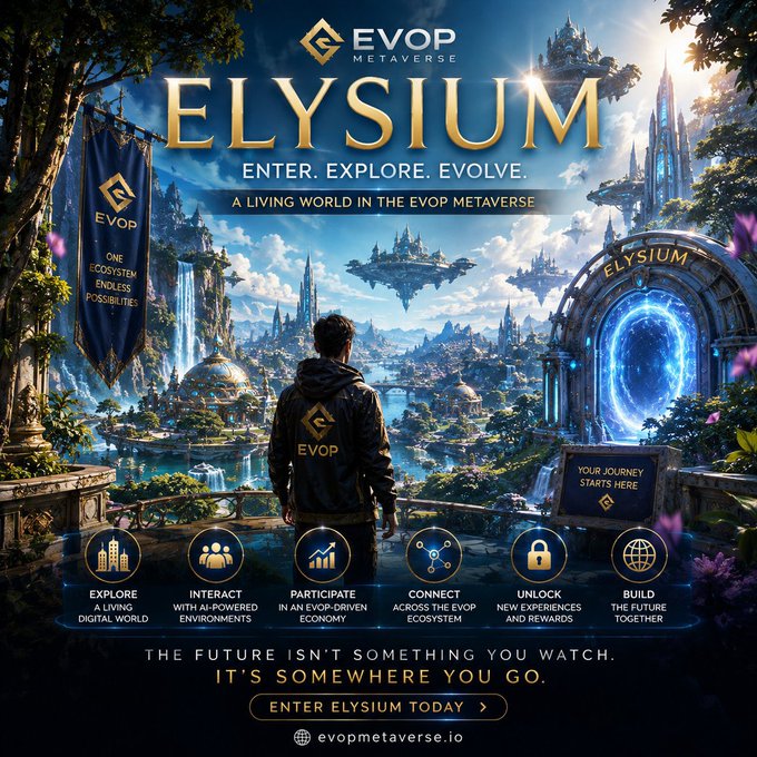 A promotional poster for 'EVOP Metaverse - Elysium' features a person looking out over a fantasy digital landscape with floating islands and a glowing portal, tagged with 'Enter. Explore. Evolve.' and the URL evopmetaverse.io.