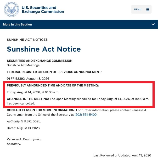 A screenshot of an SEC Sunshine Act Notice dated August 13, 2026, with the previously announced meeting time of Friday, August 14, 2026, at 10:00 a.m. boxed in red, showing that the Open Meeting has been cancelled—directly confirming the post's report that the SEC canceled its scheduled crypto regulation meeting.