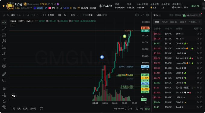 A dark-themed cryptocurrency trading chart for the Bpig/GMGN token pair on Binance, showing a sharp upward price trend to $96.43K with a +5.17% gain, alongside a watchlist of trending altcoins.