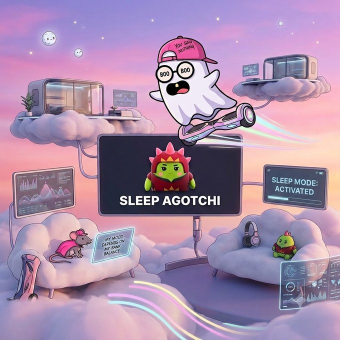 A whimsical digital illustration titled "SLEEP AGOTCHI" features a character wearing a "YOU SAY NOTHING" cap riding a hoverboard through a dreamy cloud-filled sky, with screens displaying sleeping creatures and dashboards.