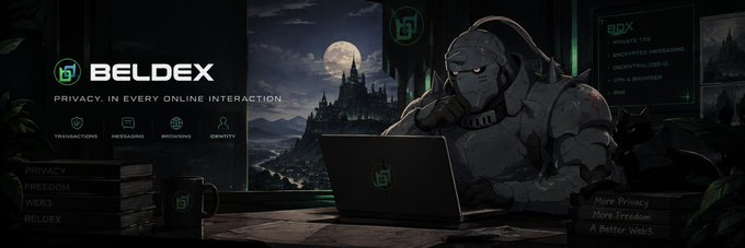 A dark promotional banner for 'BELDEX' featuring the tagline 'PRIVACY, IN EVERY ONLINE INTERACTION' with a character using a laptop.
